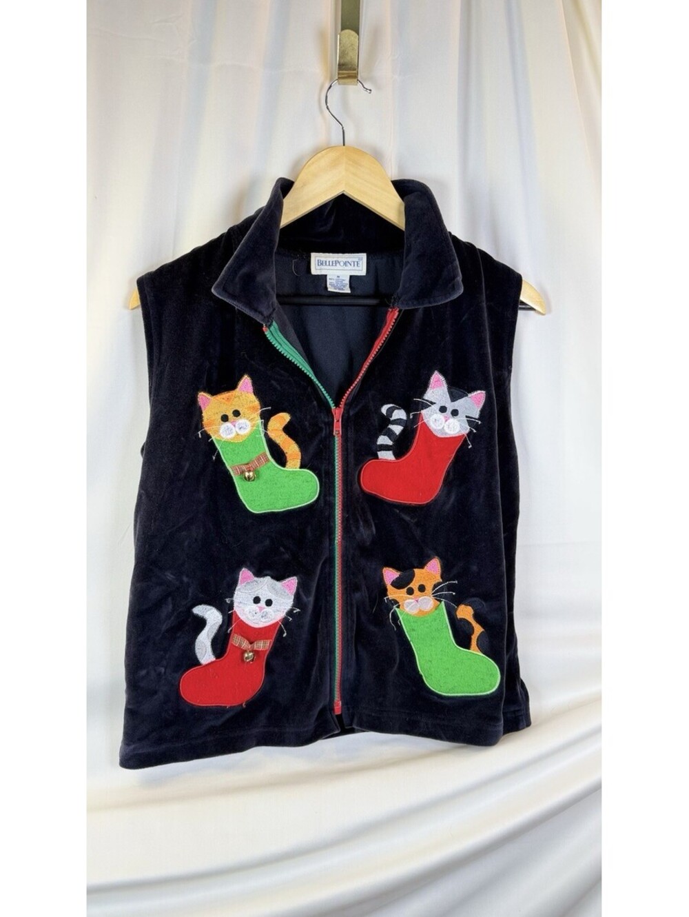 Vintage Belle Pointe Christmas Cat Vest Size Med Velvet Embroidered Stocking